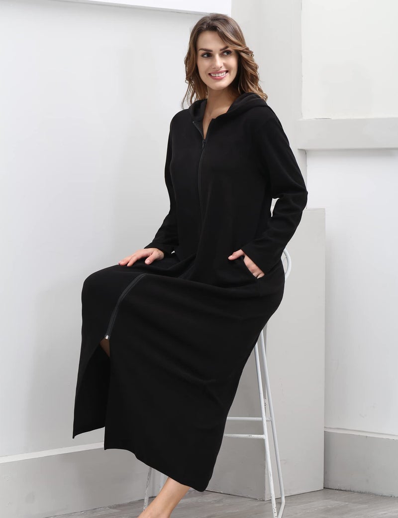 COLORFULLEAF Women's Zip Up Robes Long Sleeve Hooded Fleece Bathrobe Soft Warm Housecoat Loungewear with Pockets(Black,L) - Image 3